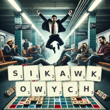 Kreatywna ilustracja do gry w Scrabble ze słowem SIKAWKOWYCH ułożonym z płytek na planszy.