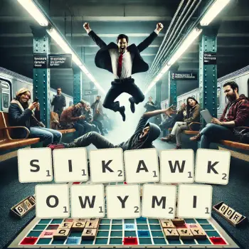 Kreatywna ilustracja do gry w Scrabble ze słowem SIKAWKOWYMI ułożonym z płytek na planszy.