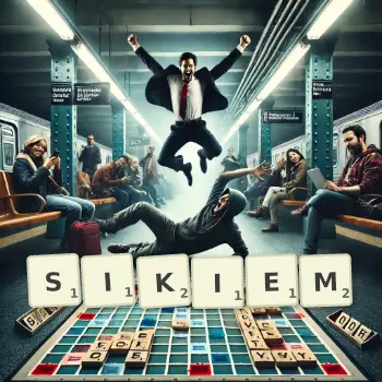 Kreatywna ilustracja do gry w Scrabble ze słowem SIKIEM ułożonym z płytek na planszy.