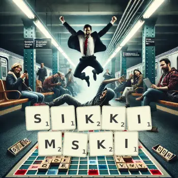 Kreatywna ilustracja do gry w Scrabble ze słowem SIKKIMSKI ułożonym z płytek na planszy.