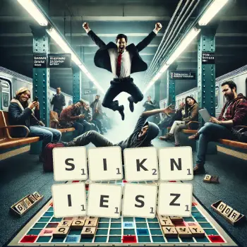 Kreatywna ilustracja do gry w Scrabble ze słowem SIKNIESZ ułożonym z płytek na planszy.