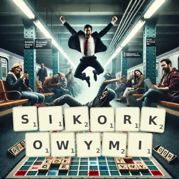 Kreatywna ilustracja do gry w Scrabble ze słowem SIKORKOWYMI ułożonym z płytek na planszy.