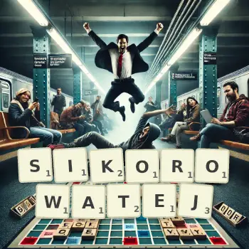 Kreatywna ilustracja do gry w Scrabble ze słowem SIKOROWATEJ ułożonym z płytek na planszy.