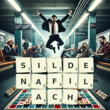 Kreatywna ilustracja do gry w Scrabble ze słowem SILDENAFILACH ułożonym z płytek na planszy.