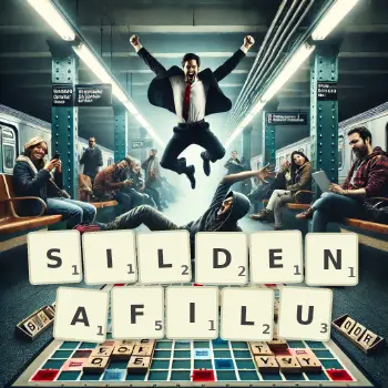 Kreatywna ilustracja do gry w Scrabble ze słowem SILDENAFILU ułożonym z płytek na planszy.