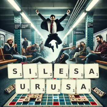 Kreatywna ilustracja do gry w Scrabble ze słowem SILESAURUSA ułożonym z płytek na planszy.