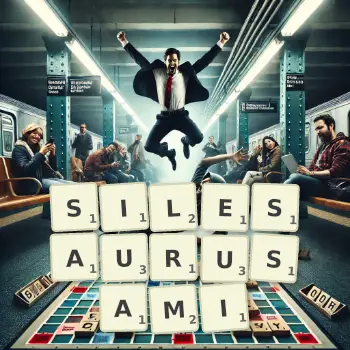 Kreatywna ilustracja do gry w Scrabble ze słowem SILESAURUSAMI ułożonym z płytek na planszy.