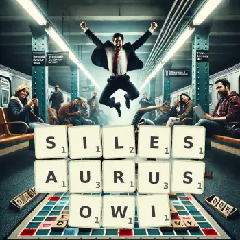 Kreatywna ilustracja do gry w Scrabble ze słowem SILESAURUSOWI ułożonym z płytek na planszy.