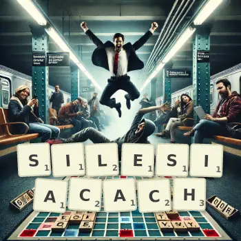 Kreatywna ilustracja do gry w Scrabble ze słowem SILESIACACH ułożonym z płytek na planszy.