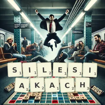 Kreatywna ilustracja do gry w Scrabble ze słowem SILESIAKACH ułożonym z płytek na planszy.