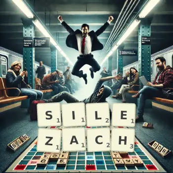 Kreatywna ilustracja do gry w Scrabble ze słowem SILEZACH ułożonym z płytek na planszy.