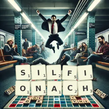 Kreatywna ilustracja do gry w Scrabble ze słowem SILFIONACH ułożonym z płytek na planszy.