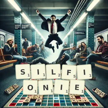 Kreatywna ilustracja do gry w Scrabble ze słowem SILFIONIE ułożonym z płytek na planszy.