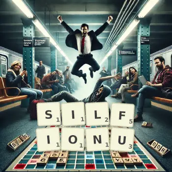Kreatywna ilustracja do gry w Scrabble ze słowem SILFIONU ułożonym z płytek na planszy.
