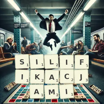 Kreatywna ilustracja do gry w Scrabble ze słowem SILIFIKACJAMI ułożonym z płytek na planszy.