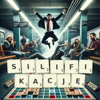 Kreatywna ilustracja do gry w Scrabble ze słowem SILIFIKACJĘ ułożonym z płytek na planszy.
