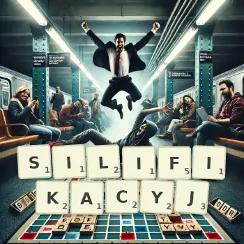 Kreatywna ilustracja do gry w Scrabble ze słowem SILIFIKACYJ ułożonym z płytek na planszy.