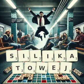 Kreatywna ilustracja do gry w Scrabble ze słowem SILIKATOWEJ ułożonym z płytek na planszy.