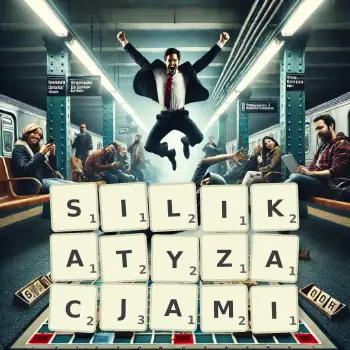 Kreatywna ilustracja do gry w Scrabble ze słowem SILIKATYZACJAMI ułożonym z płytek na planszy.