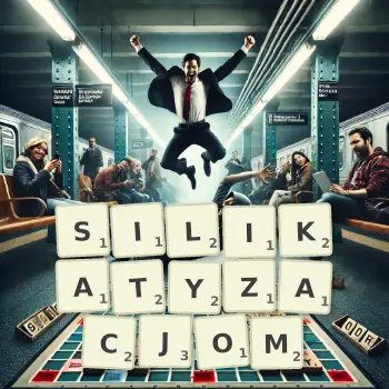 Kreatywna ilustracja do gry w Scrabble ze słowem SILIKATYZACJOM ułożonym z płytek na planszy.