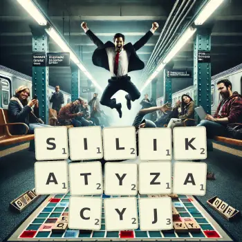 Kreatywna ilustracja do gry w Scrabble ze słowem SILIKATYZACYJ ułożonym z płytek na planszy.