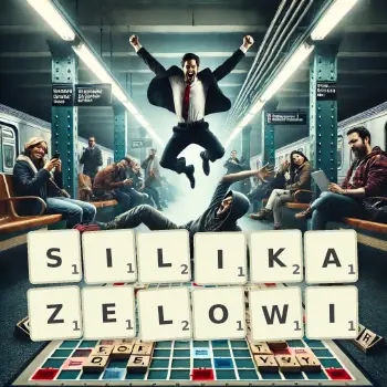 Kreatywna ilustracja do gry w Scrabble ze słowem SILIKAZELOWI ułożonym z płytek na planszy.