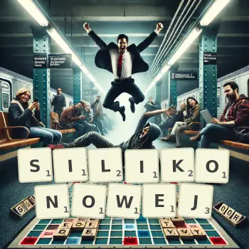 Kreatywna ilustracja do gry w Scrabble ze słowem SILIKONOWEJ ułożonym z płytek na planszy.