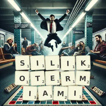 Kreatywna ilustracja do gry w Scrabble ze słowem SILIKOTERMIAMI ułożonym z płytek na planszy.