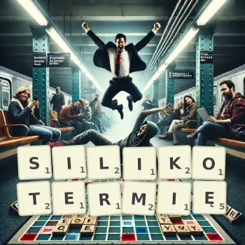 Kreatywna ilustracja do gry w Scrabble ze słowem SILIKOTERMIĘ ułożonym z płytek na planszy.