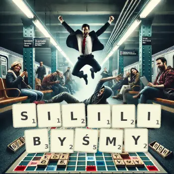 Kreatywna ilustracja do gry w Scrabble ze słowem SILILIBYŚMY ułożonym z płytek na planszy.