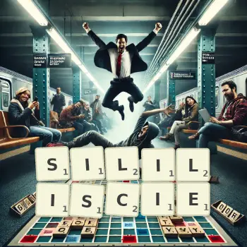 Kreatywna ilustracja do gry w Scrabble ze słowem SILILISCIE ułożonym z płytek na planszy.