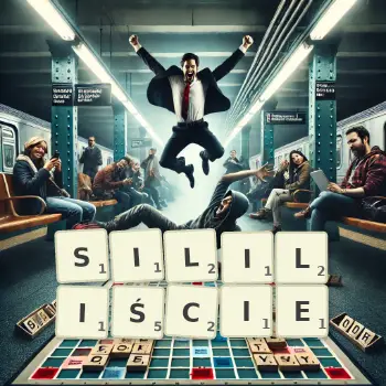 Kreatywna ilustracja do gry w Scrabble ze słowem SILILIŚCIE ułożonym z płytek na planszy.