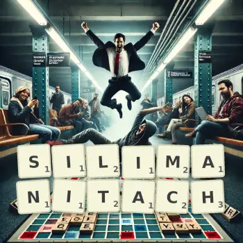 Kreatywna ilustracja do gry w Scrabble ze słowem SILIMANITACH ułożonym z płytek na planszy.