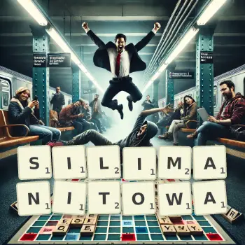 Kreatywna ilustracja do gry w Scrabble ze słowem SILIMANITOWA ułożonym z płytek na planszy.