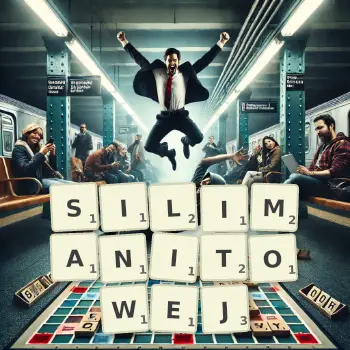 Kreatywna ilustracja do gry w Scrabble ze słowem SILIMANITOWEJ ułożonym z płytek na planszy.