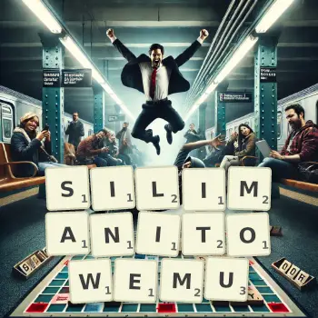 Kreatywna ilustracja do gry w Scrabble ze słowem SILIMANITOWEMU ułożonym z płytek na planszy.