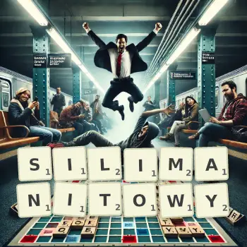 Kreatywna ilustracja do gry w Scrabble ze słowem SILIMANITOWY ułożonym z płytek na planszy.