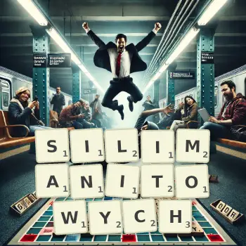 Kreatywna ilustracja do gry w Scrabble ze słowem SILIMANITOWYCH ułożonym z płytek na planszy.