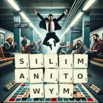 Kreatywna ilustracja do gry w Scrabble ze słowem SILIMANITOWYM ułożonym z płytek na planszy.