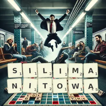 Kreatywna ilustracja do gry w Scrabble ze słowem SILIMANITOWĄ ułożonym z płytek na planszy.