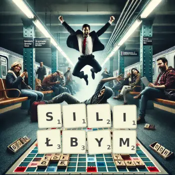 Kreatywna ilustracja do gry w Scrabble ze słowem SILIŁBYM ułożonym z płytek na planszy.