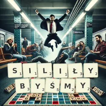 Kreatywna ilustracja do gry w Scrabble ze słowem SILIŁYBYŚMY ułożonym z płytek na planszy.