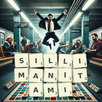 Kreatywna ilustracja do gry w Scrabble ze słowem SILLIMANITAMI ułożonym z płytek na planszy.