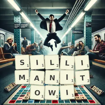 Kreatywna ilustracja do gry w Scrabble ze słowem SILLIMANITOWI ułożonym z płytek na planszy.