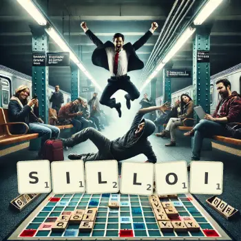 Kreatywna ilustracja do gry w Scrabble ze słowem SILLOI ułożonym z płytek na planszy.