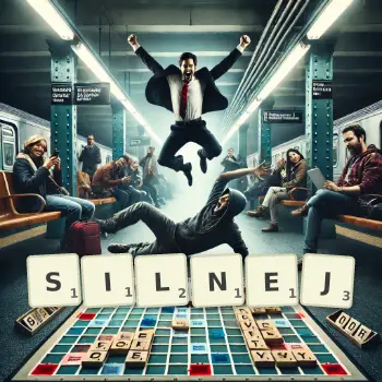 Kreatywna ilustracja do gry w Scrabble ze słowem SILNEJ ułożonym z płytek na planszy.