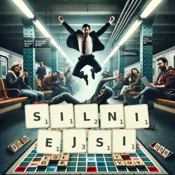 Kreatywna ilustracja do gry w Scrabble ze słowem SILNIEJSI ułożonym z płytek na planszy.