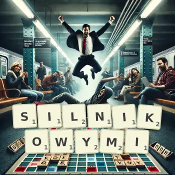 Kreatywna ilustracja do gry w Scrabble ze słowem SILNIKOWYMI ułożonym z płytek na planszy.