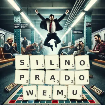 Kreatywna ilustracja do gry w Scrabble ze słowem SILNOPRĄDOWEMU ułożonym z płytek na planszy.