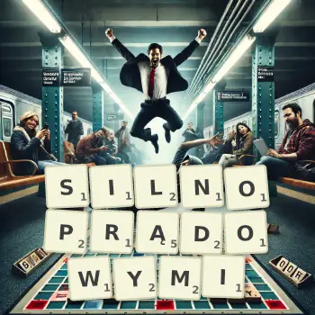 Kreatywna ilustracja do gry w Scrabble ze słowem SILNOPRĄDOWYMI ułożonym z płytek na planszy.